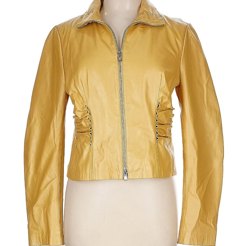 BEBE Yellow Gold Normcore Indie Rouched Calf Leather Coat Jacket L